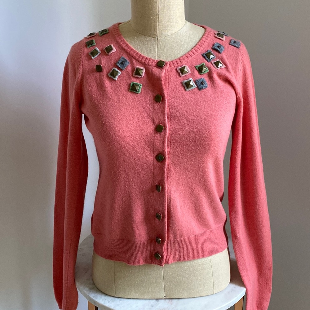 Vintage Guinevere by Anthropologie Coral Studded Shrunken Cardigan Size S